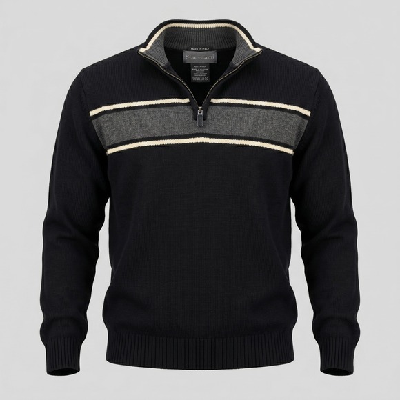 Oscar de la Renta Other - Oscar de la Renta Mens Large Black Sweater Quarter Zip Striped Cotton Mock Neck
